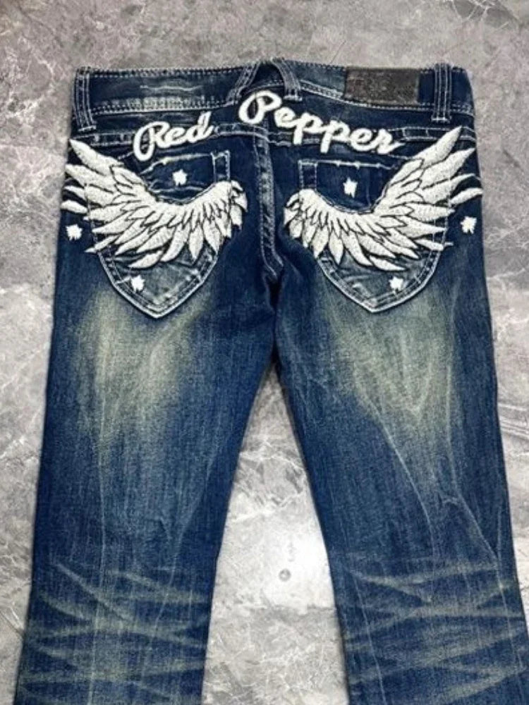 American retro design wing embroidery low waist jeans flared trousers Y2k casual girl pants