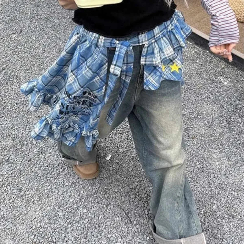 Adjustable Star Layer Outfits Plaid Skirt Hip-hop Sweet Lace Up Hip Scarf Korean Style Y2K Ruffled Edge Waistband Jeans Decor