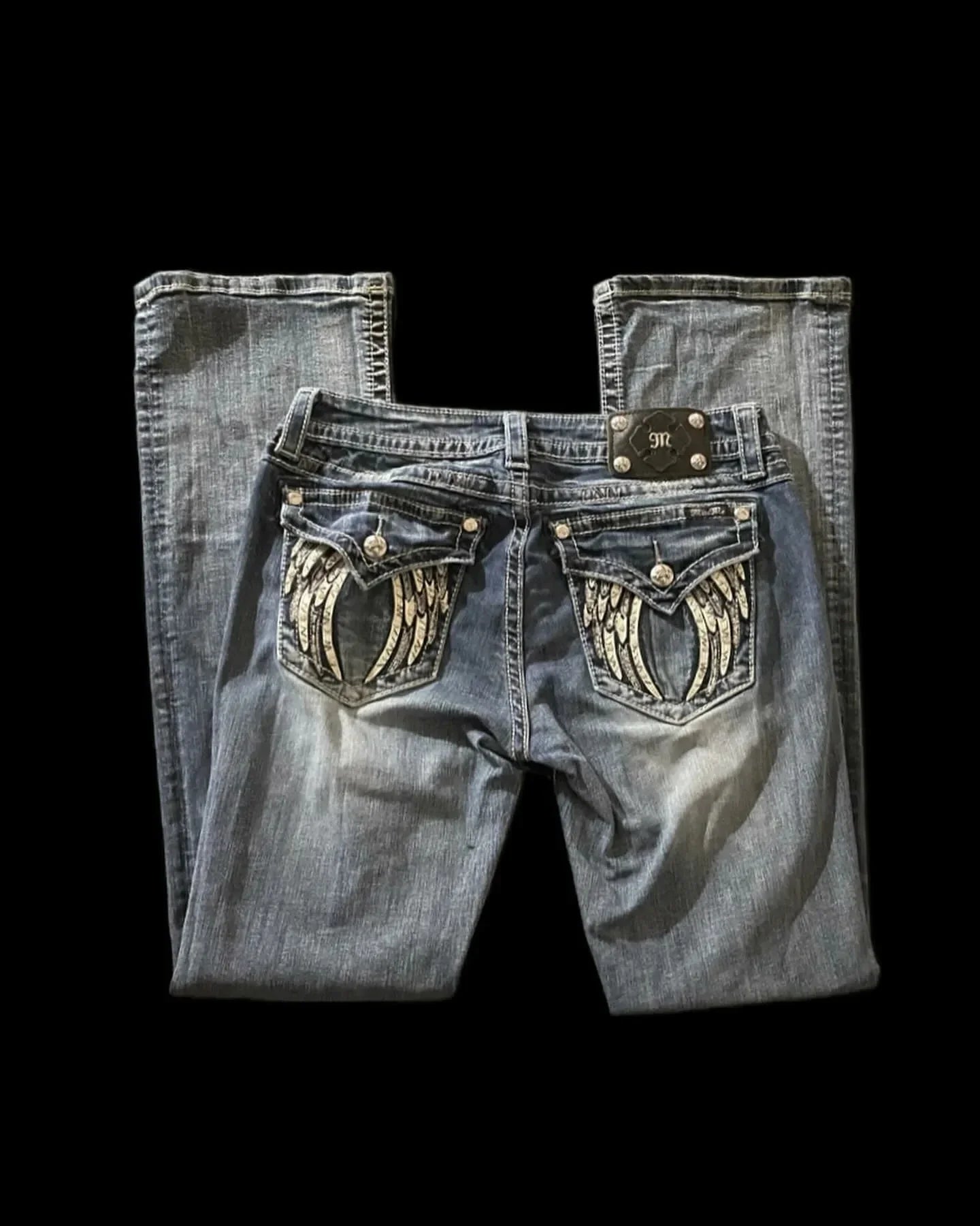 Y2K American Embroidery Diamond Retro Punk Low Waist Casual Jeans Blue Jeans Wings Pattern High Street Slim Leg Pants
