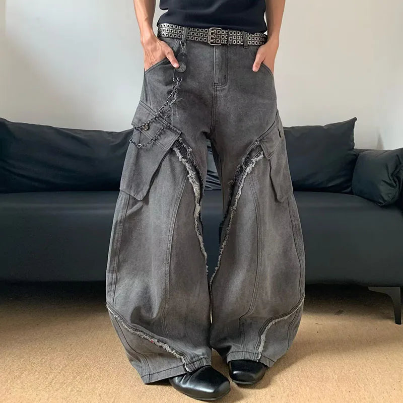 /Korean Vintage Splicing Hairy Zipper Micro Horn Jeans Loose Straight Leg Pants High Street Jeans