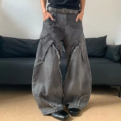 /Korean Vintage Splicing Hairy Zipper Micro Horn Jeans Loose Straight Leg Pants High Street Jeans