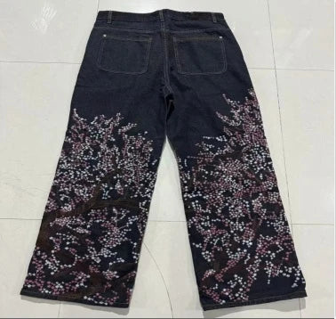Unisex White Red Tribal Flame Print Loose Wide Leg Jeans Y2K Grunge Streetwear Oversized Denim Pants