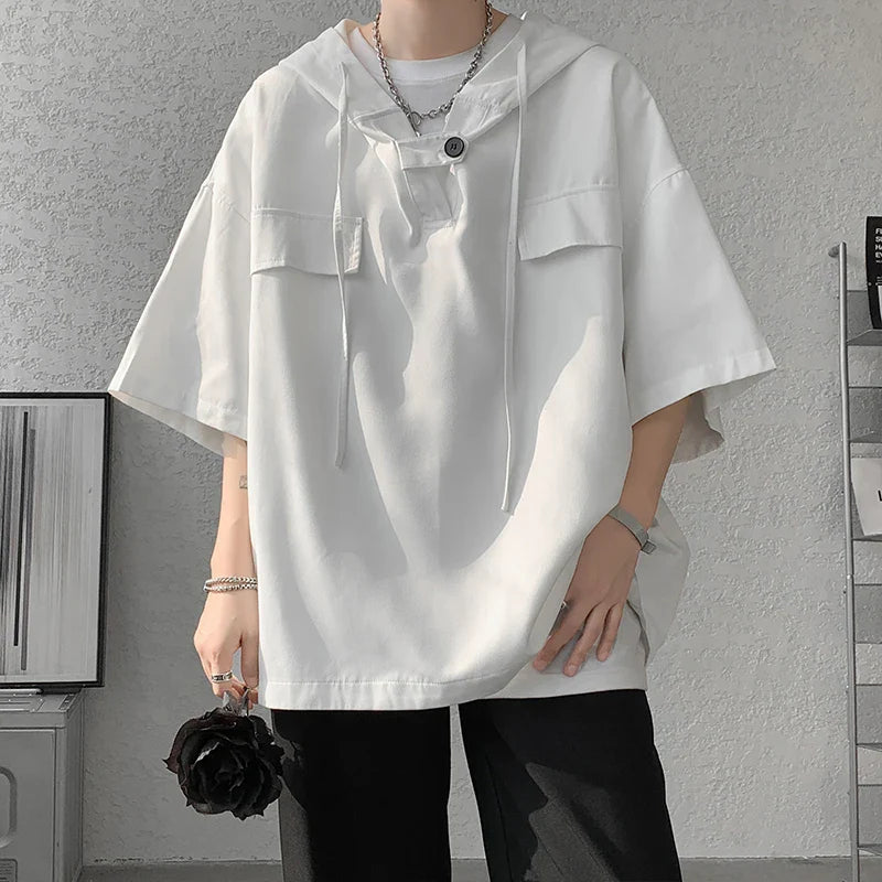 5 Colors Hooded T shirt Korean Half Sleeve Pullover Streetwear Loose T-shirt Tops Drawstring Clothing