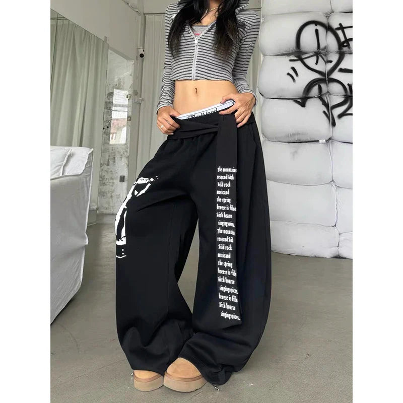 ZHIZOU Gray Gothic Baggy Y2k Letter Print Pants Harajuku 2000s Vintage Oversize Sweatpants Wide Leg Trousers