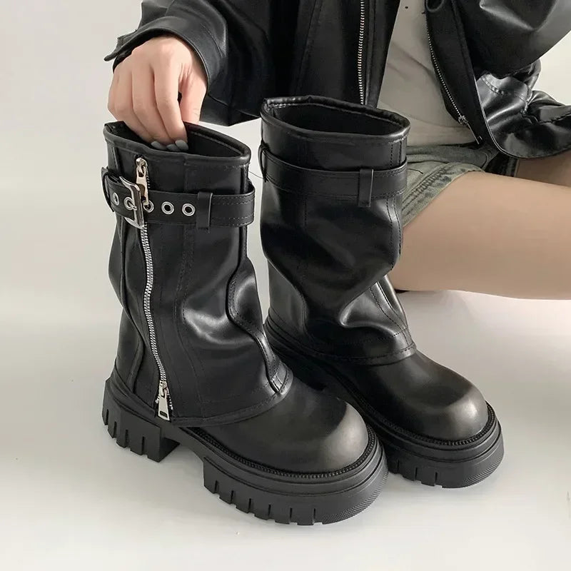 Biker Boots Belt Buckle Ladies Elegant Platform Long Pipe Booties Casual Knee High Booties2025