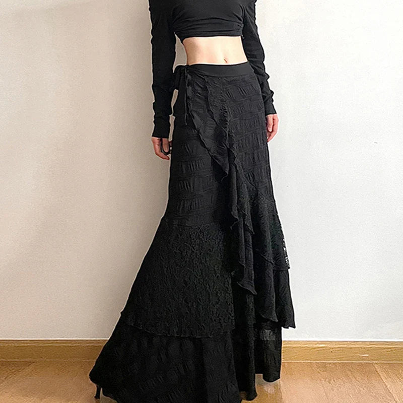 Y2K Black Long Skirt Harajuku Gothic Lace Asymmetrical Maxi Skirts Korean Ruffles Patchwork Bandage Design Faldas