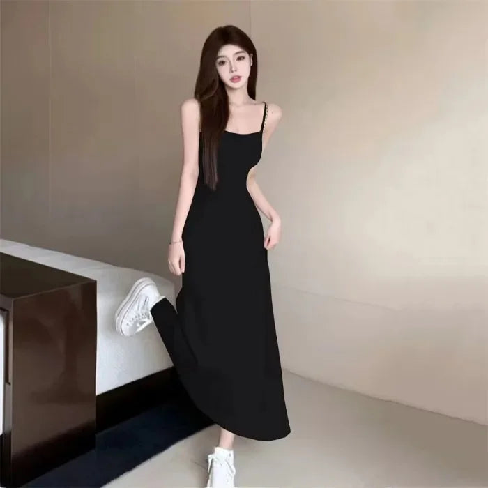 Elastic Tank Dress Sleeveless Off-The-Shoulder Waist-Fitted Slimming Long Dress Off-Shoulder Base Layer