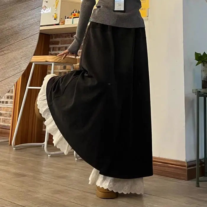 Casual Lace Trim Wide Leg Pants Fake Two-Piece Design Elastic Waist Patchwork Trendy High Waist Nine-Piece Length Polyester F...