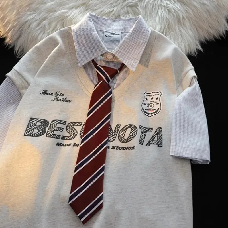 Cotton POLO Collar T Shirts American Oversize Baggy Short Sleeve Patchwork Pullover with Tie Student Clothes