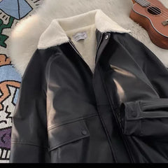 Y2K Lapel Leather Coat Cotton-padded Jacket Coat High Street Vibe Vintage Casual Pilot Jacket Cotton-padded Jacket