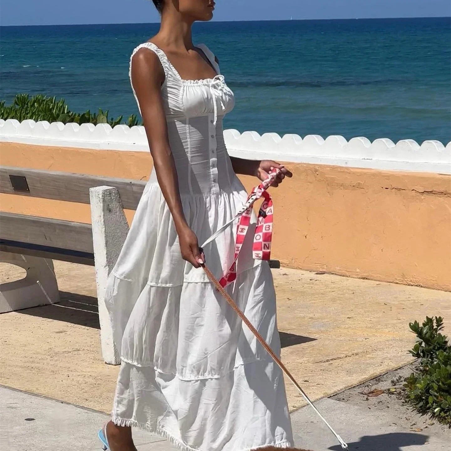CandyElegant Square-neck White Maxi Dress Casual Slim Lace Up Sleeveless Dreses French Party Beachwear Vestidos