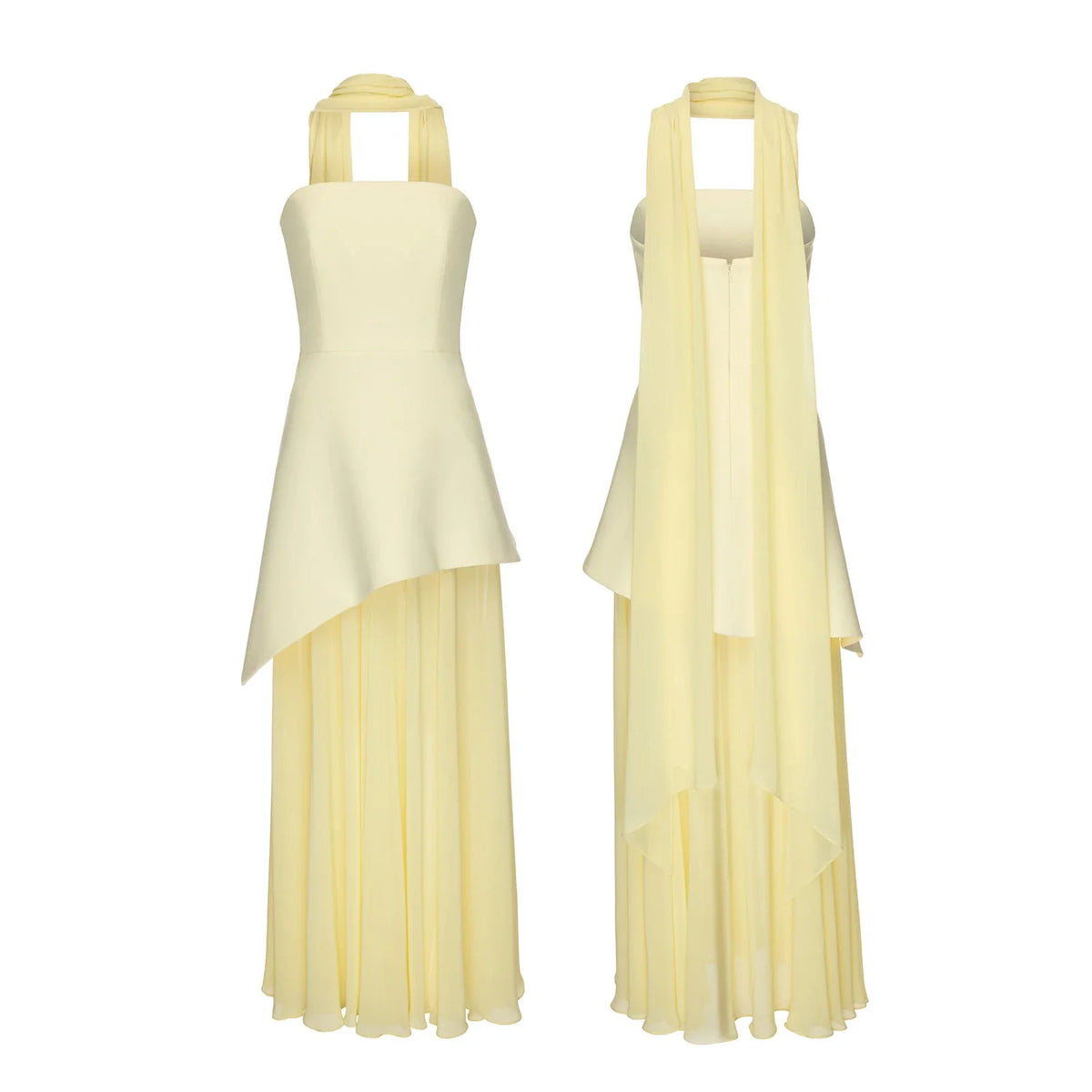 Combhasaki Elegant Strapless Sheer Ruffle Hem Patchwork Backless High Split A-line Party Tube Long Dress with Scarf