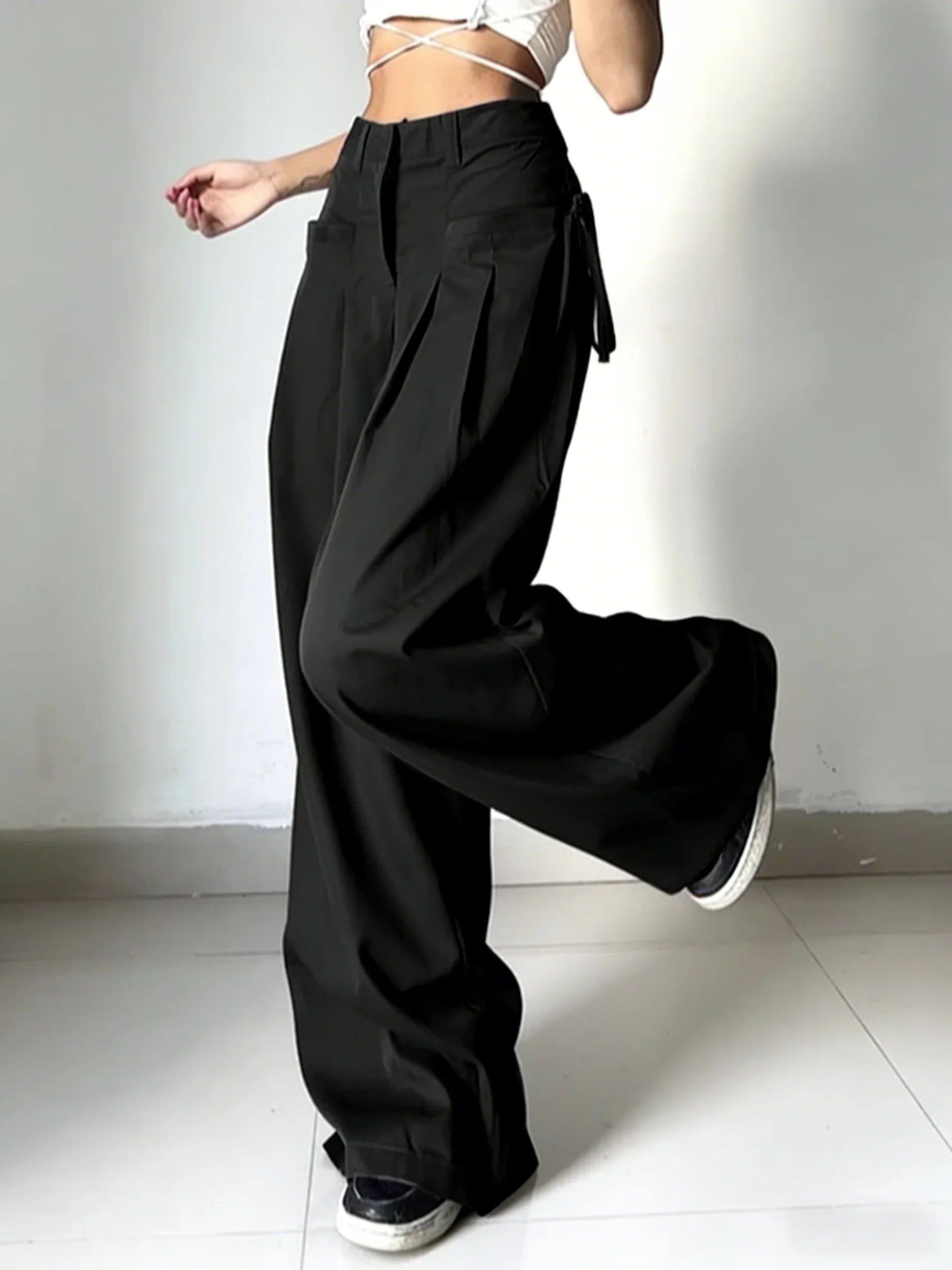 Black High Waist Wide Leg Suit Pants Pleated Front Side Tie Detail Loose Fit Casual Streetwear Trousers