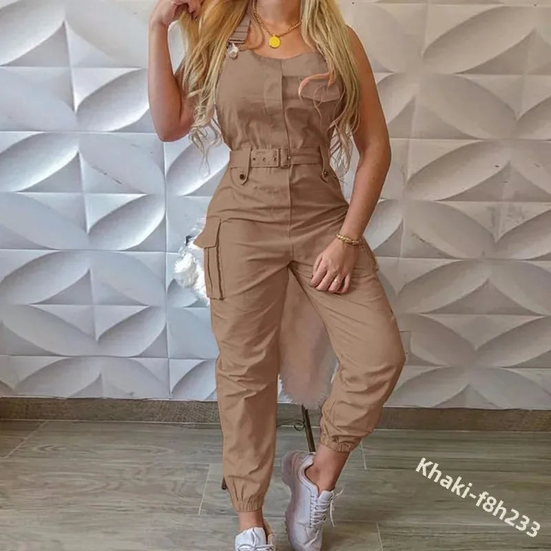 Wish Utility Jumpsuit Beltless Sleeveless Simple Tied Pants Working Uniform Cross-border Style from HongKong