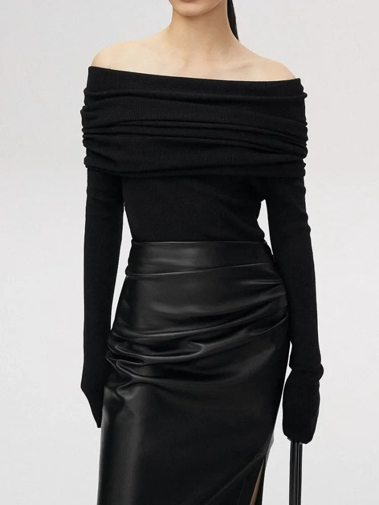 Slash Neck Sweater Tops Knitted Slim Basic All-match Elegant Off Shoulder Long Sleeve Pullovers Female