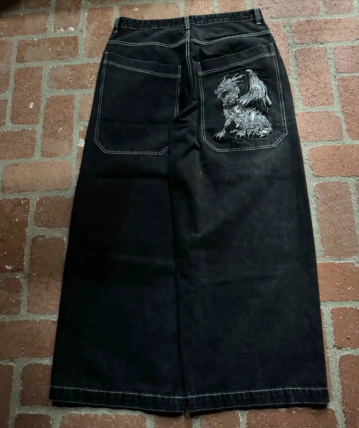 Gothic Cross Print Black Denim Baggy Pants Mid Waist Big Pocket Design Loose Fit Hip Hop Streetwear Jeans