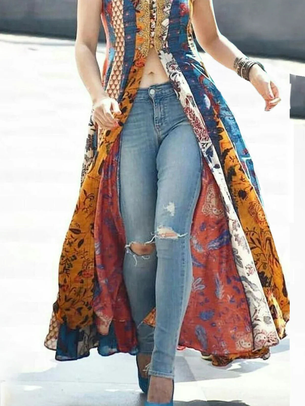 Tank Dress Floral Printing Split Indie Folk Vintage Sleeveless Casual High Street Retro V-Neck Long Dress