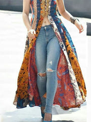 Tank Dress Floral Printing Split Indie Folk Vintage Sleeveless Casual High Street Retro V-Neck Long Dress
