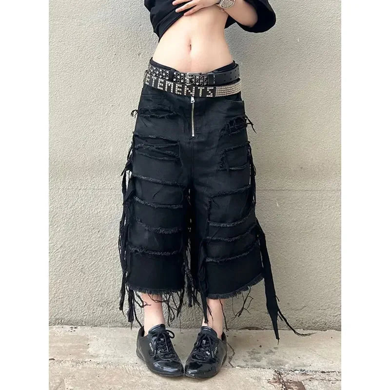 Harajuku Vintage High Waist Black Retro Washed Denim Shorts Gothic Casual Loose Y2K Streetwear Mid Long Short