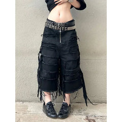 Harajuku Vintage High Waist Black Retro Washed Denim Shorts Gothic Casual Loose Y2K Streetwear Mid Long Short