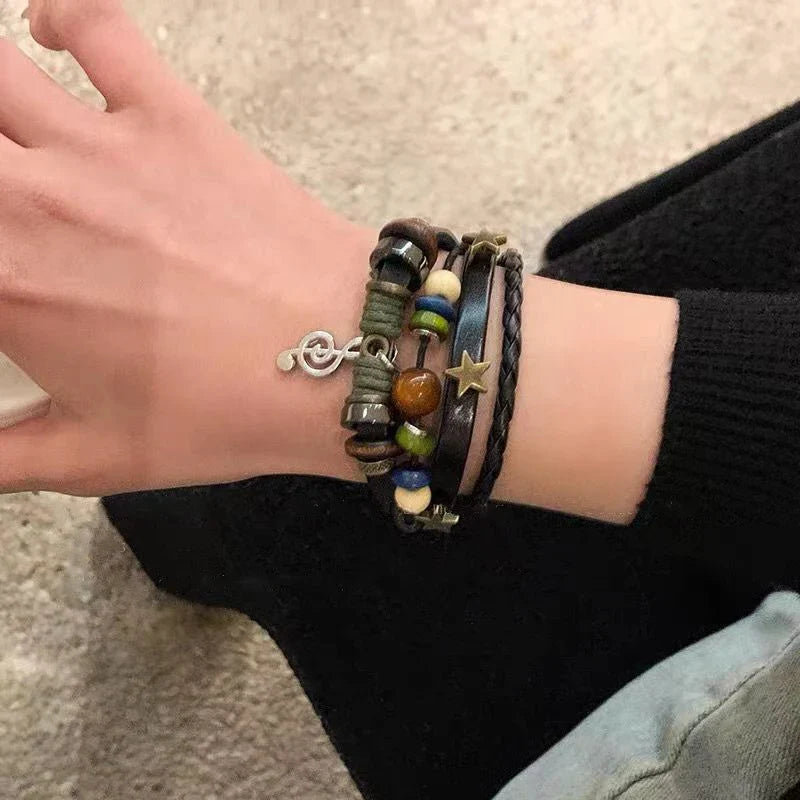 Handmade Hippie Design Brown Leather Bracelet Metal Star Note Charms Wood Button Beads Wrap Unisex Adjustable Bracelet