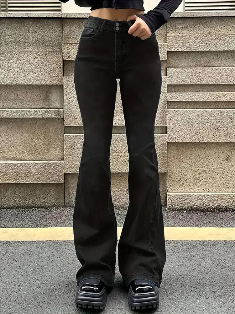 Flare Stretch Moustache Jeans Skinny Bell Bottom High Waist Gray Denim Pants Lady Classic Y2K Punk Long Trousers