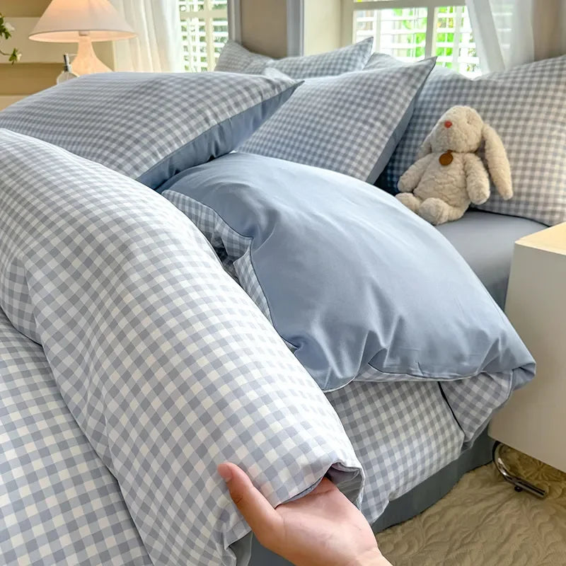 Simple Bedding Set Plaid Sold Color Single Queen Size Duvet Cover No Filling Boys Girls Flat Sheet Pillowcase Kit