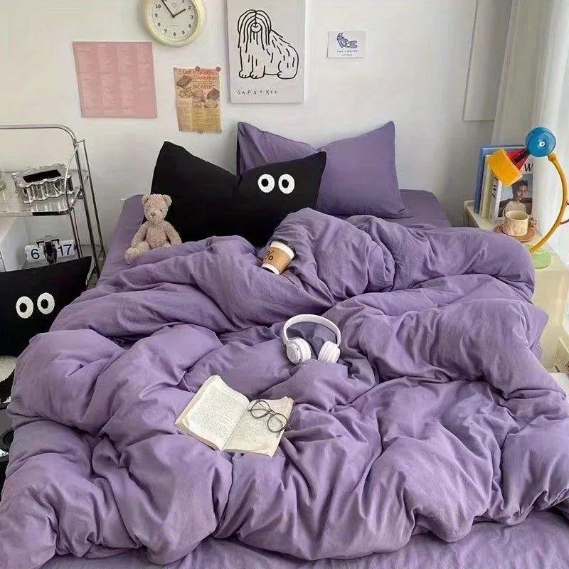 Cute Duvet Cover Set with Sheet Pillowcase No Filler Warm Solid Color Bed Linen Full Queen Size Korean Big Eyes Home Bedding Set
