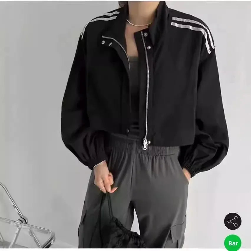 Loose Stand Collar Striped Design Two Bars Korean Chic Jacket Versatile Outerwear Full Sleeve Korean Style