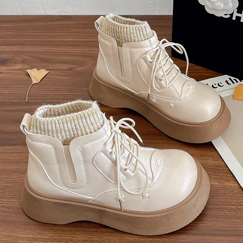 Platform Ankle Boots Elegant Lolita Style Ladies Causal Boots Simple Versatile Leather Boots Women