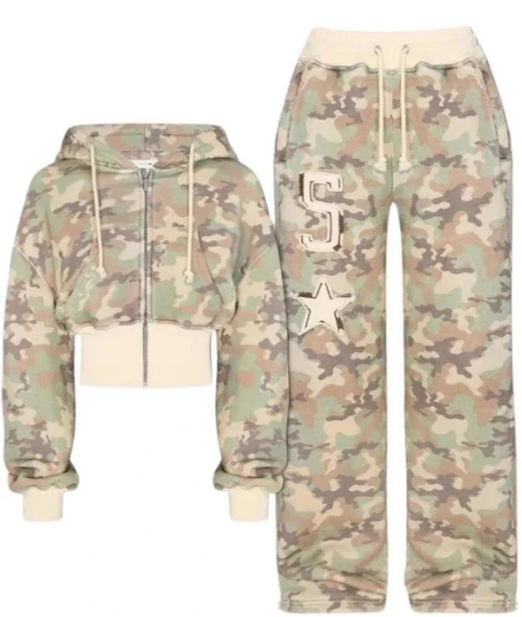 Trend Y2k Sportswear Two Piece Set Hip Hop Punk Camo Short Waist Slim Zipper Hoodie Casual High Waist Sports Pants