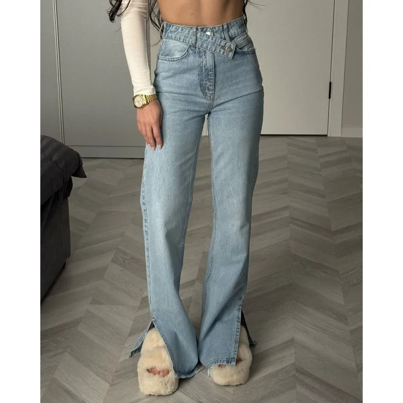 Dislocation Design High Waist Split Jeans Straight Trousers