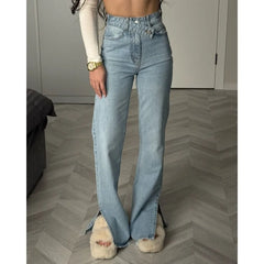 Dislocation Design High Waist Split Jeans Straight Trousers
