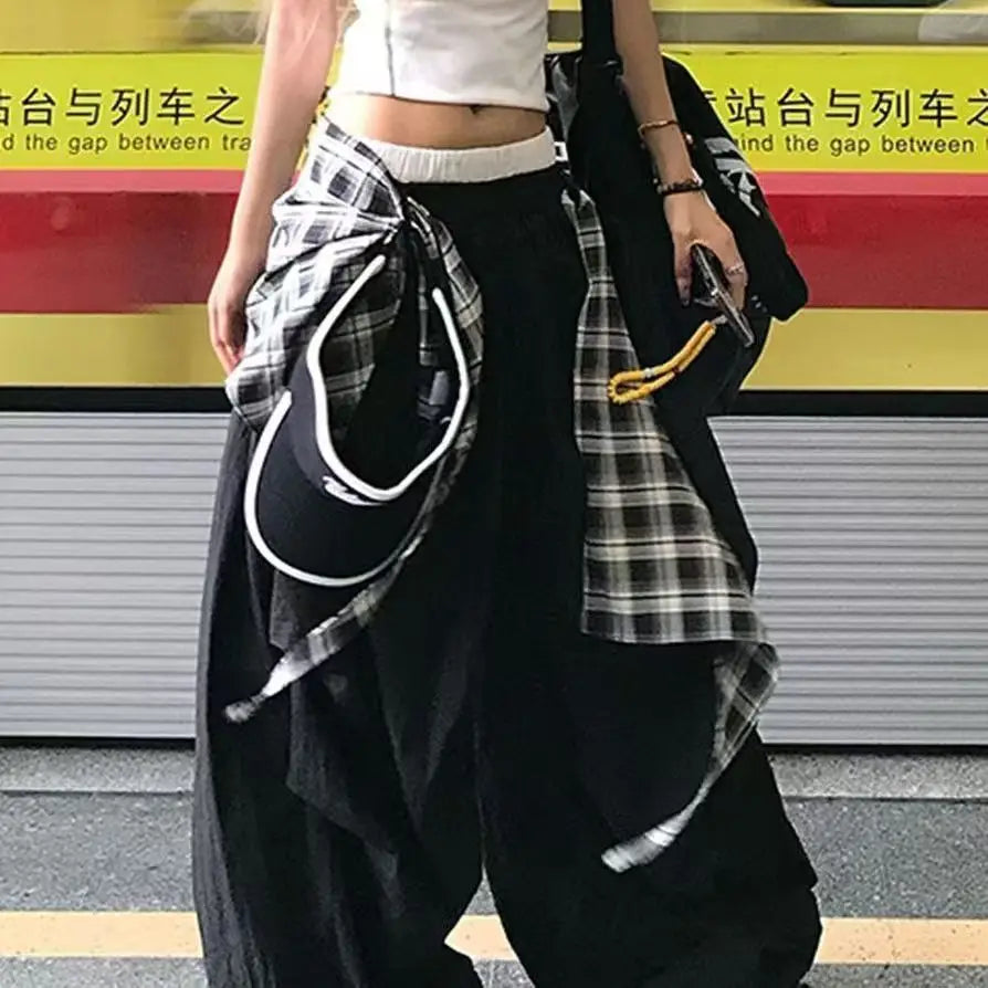 Y2K American Black Retro Hip-Hop Spliced Plaid Belt Girl Loose Casual High Waist Wide-Leg Quick-Drying Sweatpants