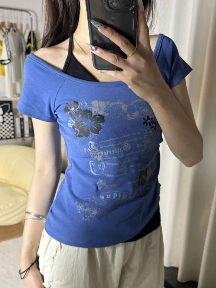 Vintage Fake Two Piece Halter Lace Up T-shirts Y2k Slim Fit Print Tops Off Shoulder Short Sleeve Tee Shirt