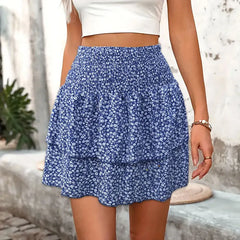 Blue Half Length Floral Pleated Mini Skirt Ruffled Edge Printedable Floral High Waist Short Skirts