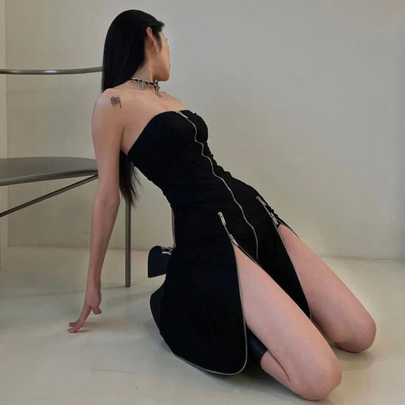 Goth Dark Techwear Zip Up Midi Dresses Cyber Y2k Mall Gothic Split Tube Dress Partywear Punk Off Shoulder Outfits