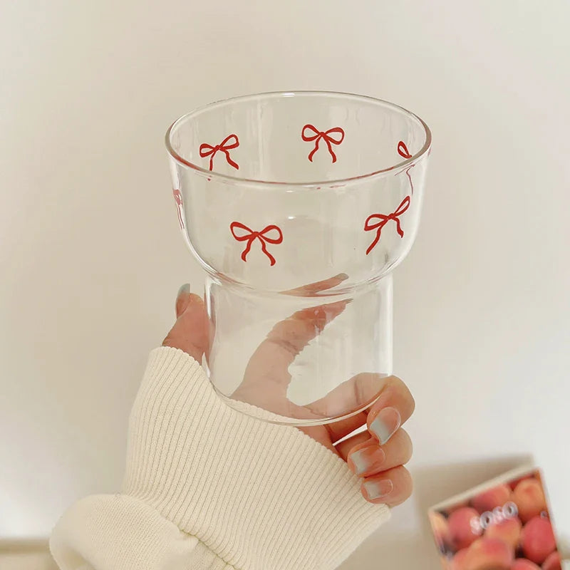 INS Pink Bow Glass Cups Iced Coffee Mug Clear Drinking Glasses Tumbler Milk Tea Juice Water Cup Dessert Cups Drinkware 260-380ML