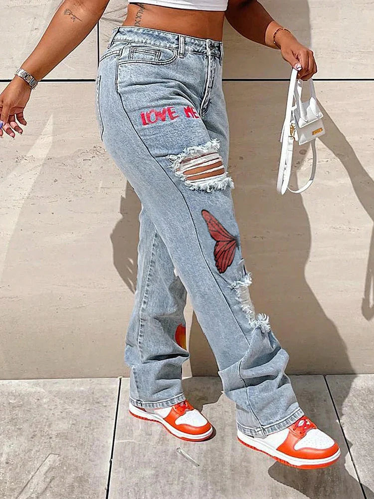 Design Clothing Denim Pants Butterfly Print Ripped Straight Trousers High Waist Slim Jeans Long Pants YYZZ9260