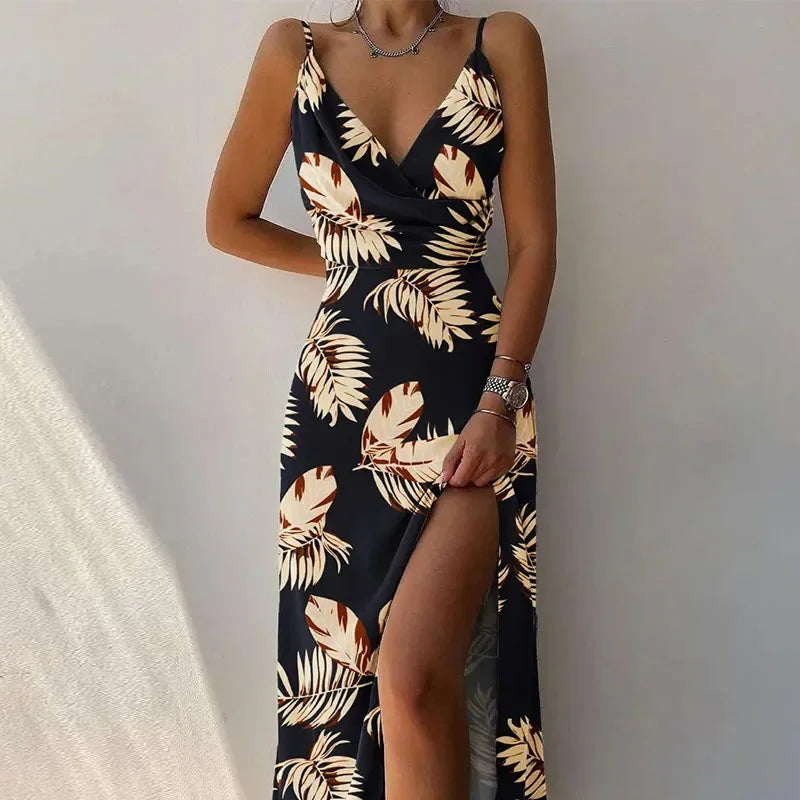 Print Dress Camisole V Neck Sleeveless A Line Long Dresses Spaghetti Strap Evening Skirt Prom Vestidos