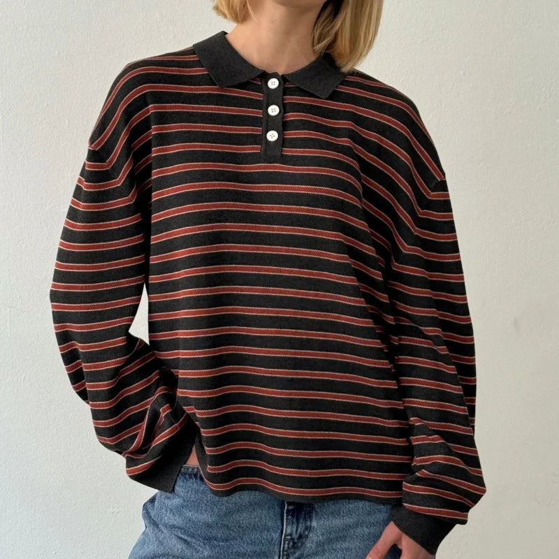 y2k Vintage Rib Knitted Striped Collared Sweater Loose Long Sleeve Pullover Knit Tops Casual Sweatirt Clothes
