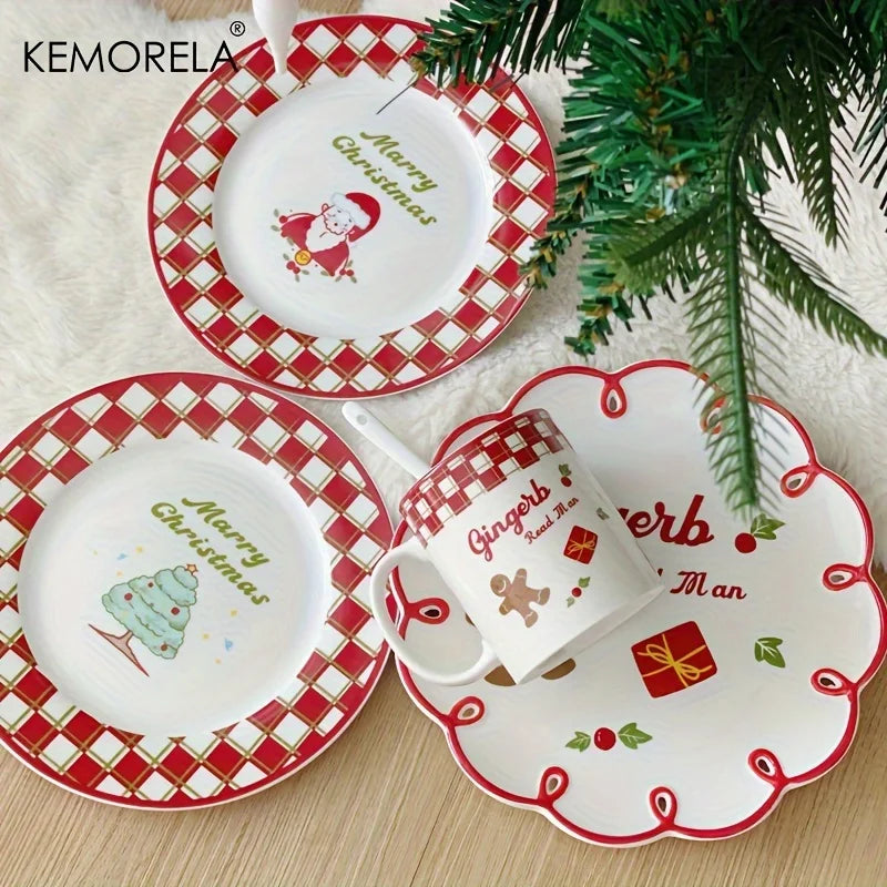Christmas Ceramic Plate with Cups Platter Serving Tray Porcelain Dish