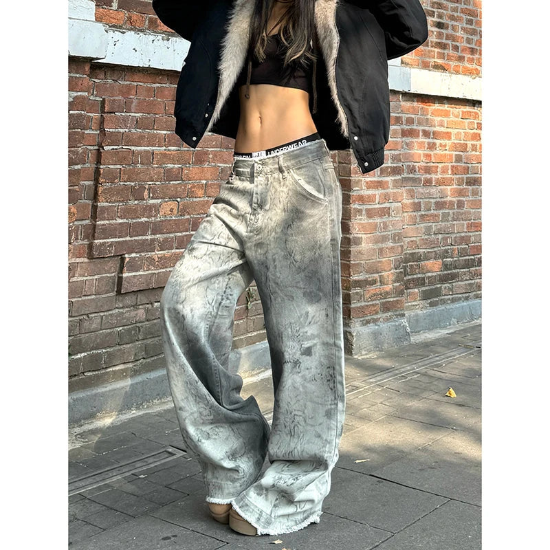 Vintage Emo Loose Washed Pants Casual Harajuku Style Jeans Y2K Wide Leg Punk Baggy Denim Trouser