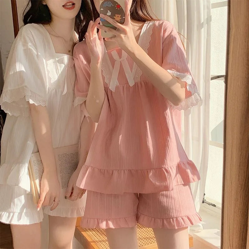 Palace Style Pajamas Ladies Loungewear Set Short-Sleeved with Cushion Korean Small Sweet Girlfriends Loungewear Set