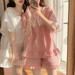 Palace Style Pajamas Ladies Loungewear Set Short-Sleeved with Cushion Korean Small Sweet Girlfriends Loungewear Set