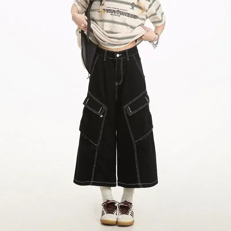 Y2k Style Baggy Denim Shorts Wide Leg Short Pants High Waisted Dark Wash Knee Length Loose Unisex Jeans Casual