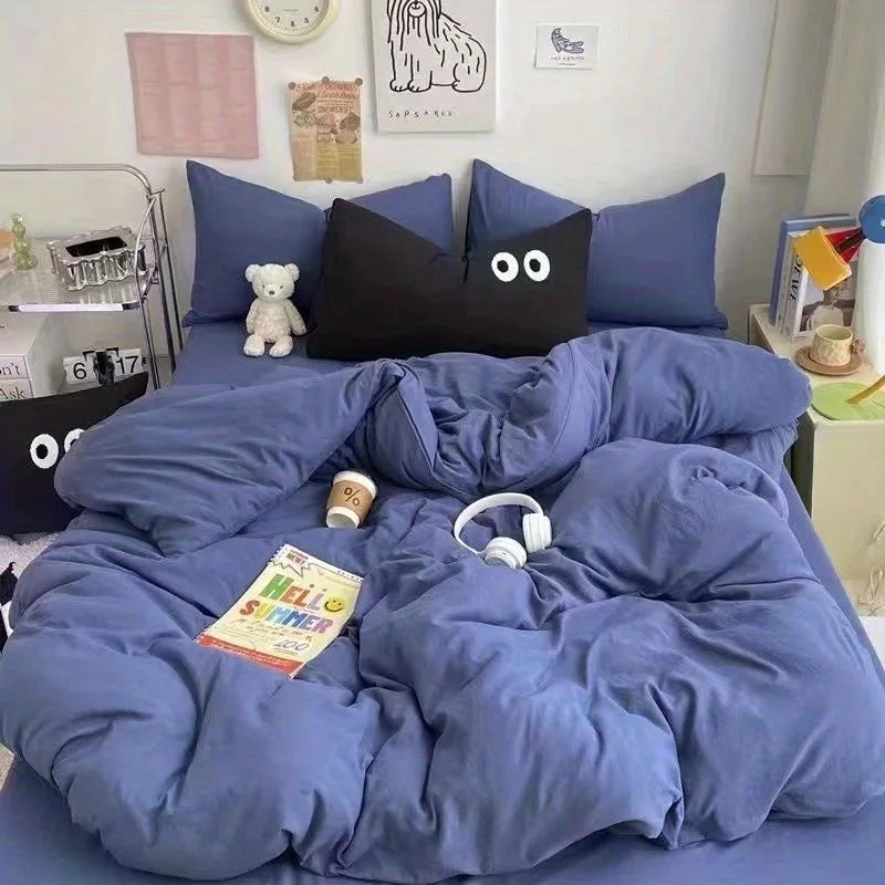Cute Duvet Cover Set with Sheet Pillowcase No Filler Warm Solid Color Bed Linen Full Queen Size Korean Big Eyes Home Bedding Set