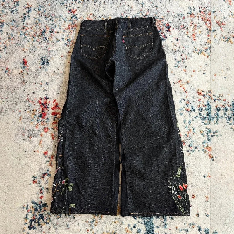 Y2K Baggy Jeans vintage splicing Floral Seams Embroidery Streamlined Jeans 2000s Harajuku goth Hip Hop wide leg jeans