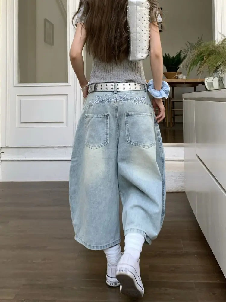 Vintage Style Harajuku Blue Jeans Y2K Punk Street Baggy Denim Trouser Casual Mop Calf Length Pants
