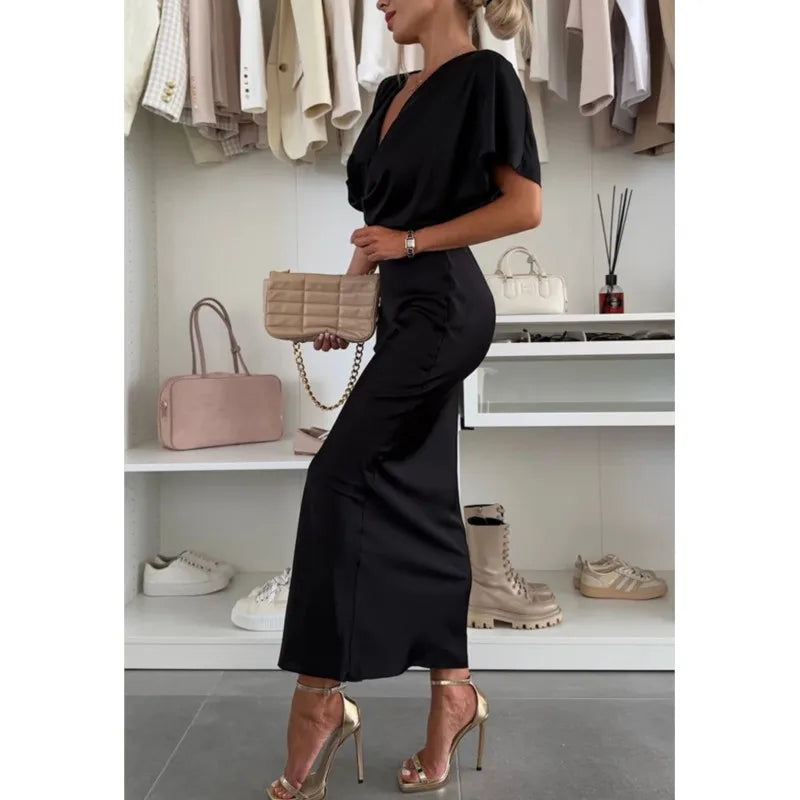 Satin Dress Batwing Short Sleeve Wrap V-neck Twist Bodycon Midi Long Dresses Party High Street Dresses